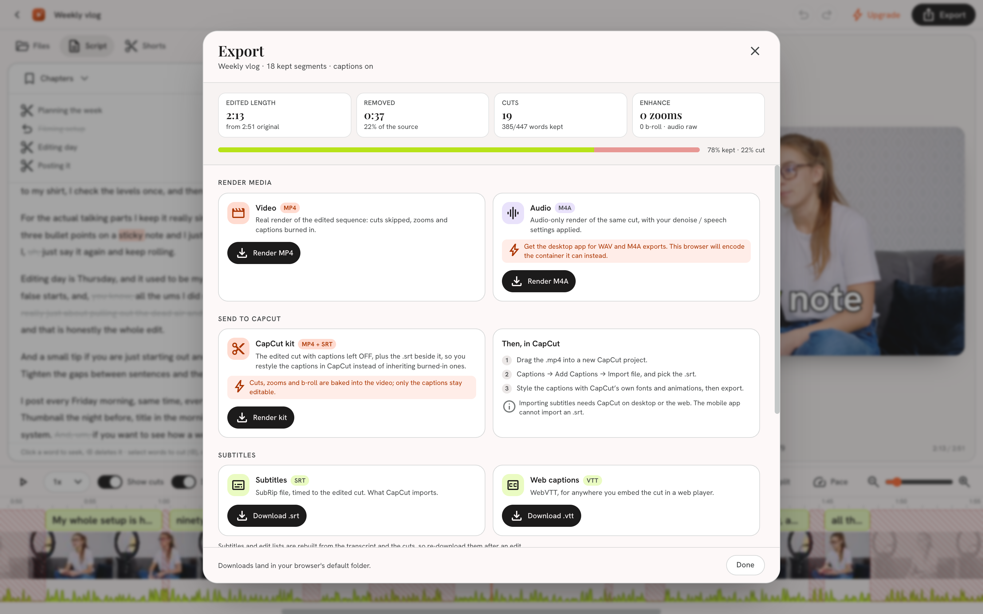 Bling's export dialog showing the edited length summary and MP4, CapCut and subtitle export options