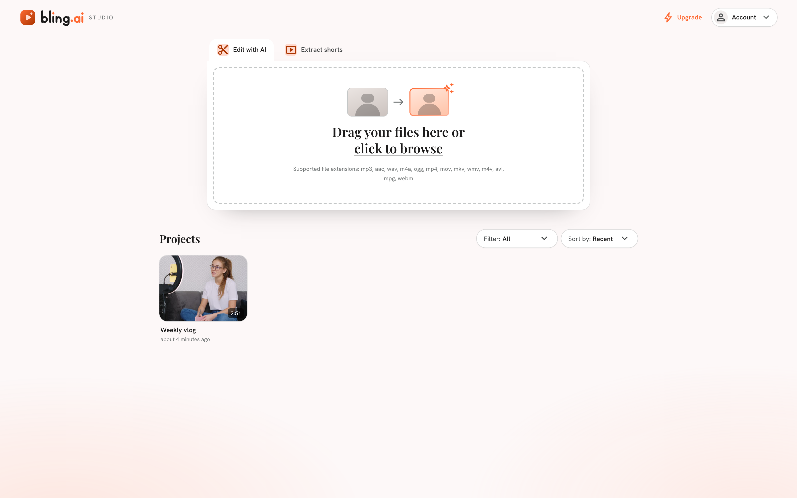 Bling's projects dashboard with an import dropzone and a project card