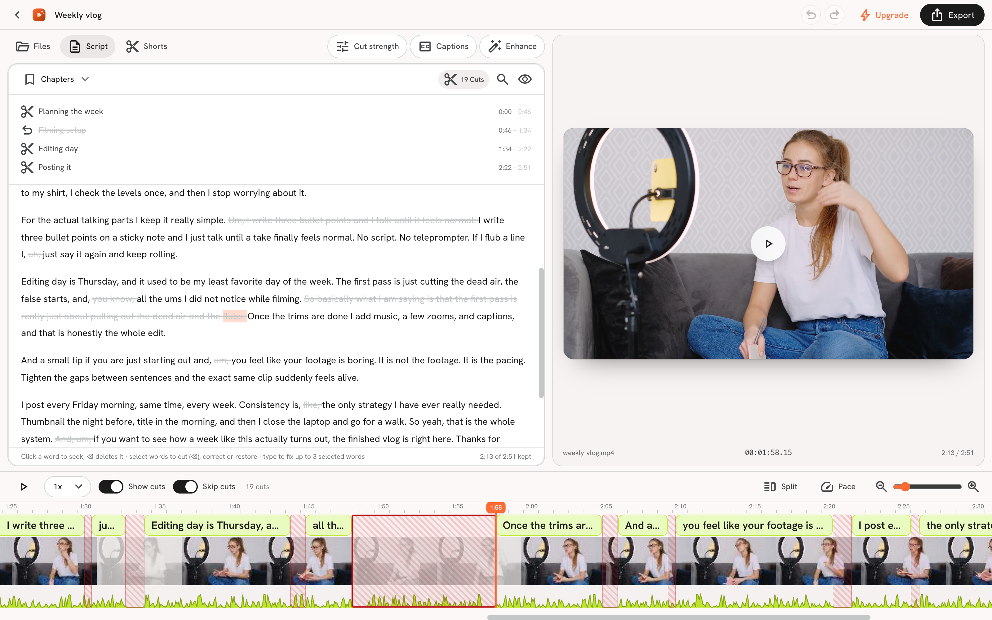 The timeline with a selected smart-cut block, waveform gaps lining up with the cut regions
