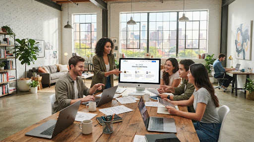 A creative team collaborating in a bright loft studio